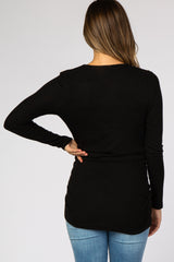 Black Soft Knit Button Shoulder Ruched Side Maternity Top