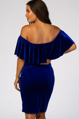 Royal Blue Velvet Off Shoulder Fitted Maternity Dress