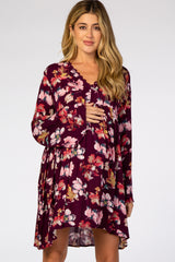 Burgundy Floral Lace V-Neck Bell Sleeve Maternity Dress