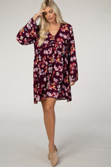 Burgundy Floral Lace V-Neck Bell Sleeve Maternity Dress