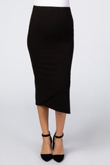 Black Ribbed Side Slit Maternity Midi Skirt