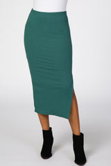 Emerald Green Ribbed Side Slit Midi Skirt