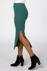 Emerald Green Ribbed Side Slit Midi Skirt