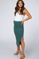 Emerald Green Ribbed Side Slit Maternity Midi Skirt