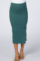 Emerald Green Ribbed Side Slit Maternity Midi Skirt