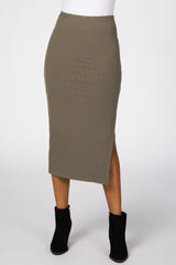 Olive Ribbed Side Slit Midi Skirt