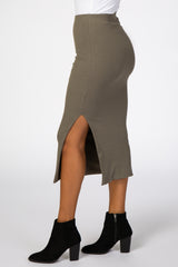 Olive Ribbed Side Slit Midi Skirt