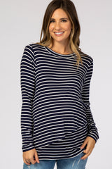 Navy Blue Striped Layered Front Long Sleeve Maternity/Nursing Top