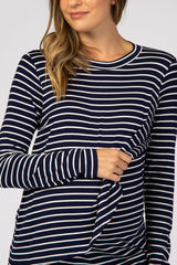 Navy Blue Striped Layered Front Long Sleeve Maternity/Nursing Top