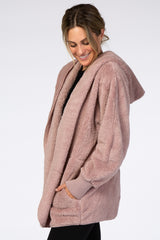 Mauve Fuzzy Hooded Long Sleeve Jacket