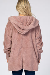 Mauve Fuzzy Hooded Long Sleeve Maternity Jacket