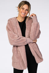 Mauve Fuzzy Hooded Long Sleeve Maternity Jacket