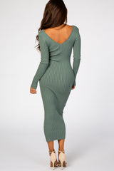 Olive V-Neck Long Sleeve Fitted Maxi Dress