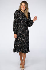 Black Floral Ruffle Long Sleeve Midi Dress