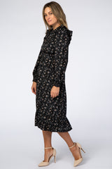 Black Floral Ruffle Long Sleeve Midi Dress