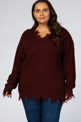 Burgundy Fringe Hem V-Neck Plus Sweater