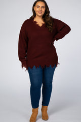 Burgundy Fringe Hem V-Neck Plus Sweater