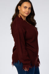 Burgundy Fringe Hem V-Neck Plus Sweater