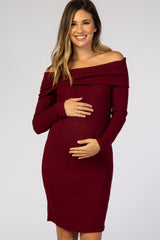 Burgundy Soft Ribbed Folded Neck Off Shoulder Maternity Dress