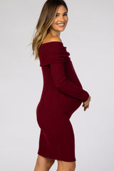 Burgundy Soft Ribbed Folded Neck Off Shoulder Maternity Dress