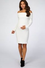 Ivory Soft Ribbed Folded Neck Off Shoulder Maternity Dress