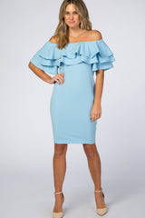 Turquoise Layered Ruffle Off Shoulder Fitted Dress