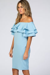 Turquoise Layered Ruffle Off Shoulder Fitted Dress