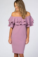 Violet Layered Ruffle Off Shoulder Fitted Dress