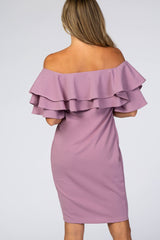 Violet Layered Ruffle Off Shoulder Fitted Dress