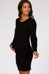 Black Long Sleeve Wrap Hem Fitted Maternity Dress