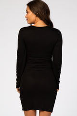 Black Long Sleeve Wrap Hem Fitted Maternity Dress