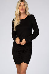 Black Long Sleeve Wrap Hem Fitted Maternity Dress