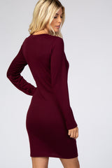 Burgundy Long Sleeve Wrap Hem Fitted Dress