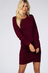 Burgundy Long Sleeve Wrap Hem Fitted Dress