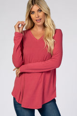 Magenta Solid V-Neck Long Sleeve Maternity Top