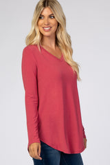 Magenta Solid V-Neck Long Sleeve Top