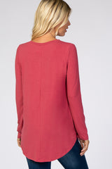 Magenta Solid V-Neck Long Sleeve Top