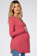 Magenta Solid V-Neck Long Sleeve Maternity Top