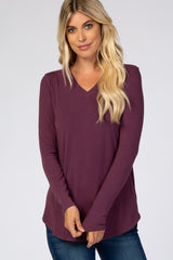 Purple Solid V-Neck Long Sleeve Top