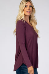 Purple Solid V-Neck Long Sleeve Top