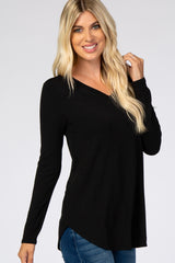 Black Solid V-Neck Long Sleeve Top