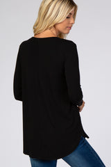 Black Solid V-Neck Long Sleeve Top