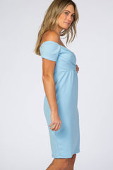 Turquoise  Solid Off Shoulder Fitted Dress