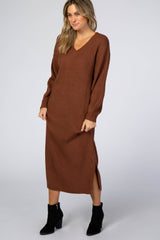 Brown V-Neck Ribbed Maternity Sweater Dress