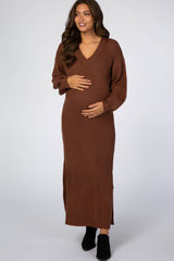 Brown V-Neck Ribbed Maternity Sweater Dress