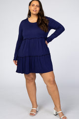 Navy Long Sleeve Tiered Plus Dress