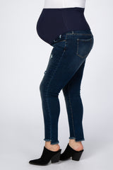 Navy Blue Fray Hem Skinny Maternity Plus Jeans