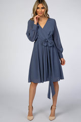 Dusty Blue Chiffon Maternity Wrap Dress