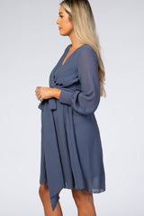 Dusty Blue Chiffon Maternity Wrap Dress