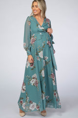 Teal Floral Chiffon Maternity Maxi Dress